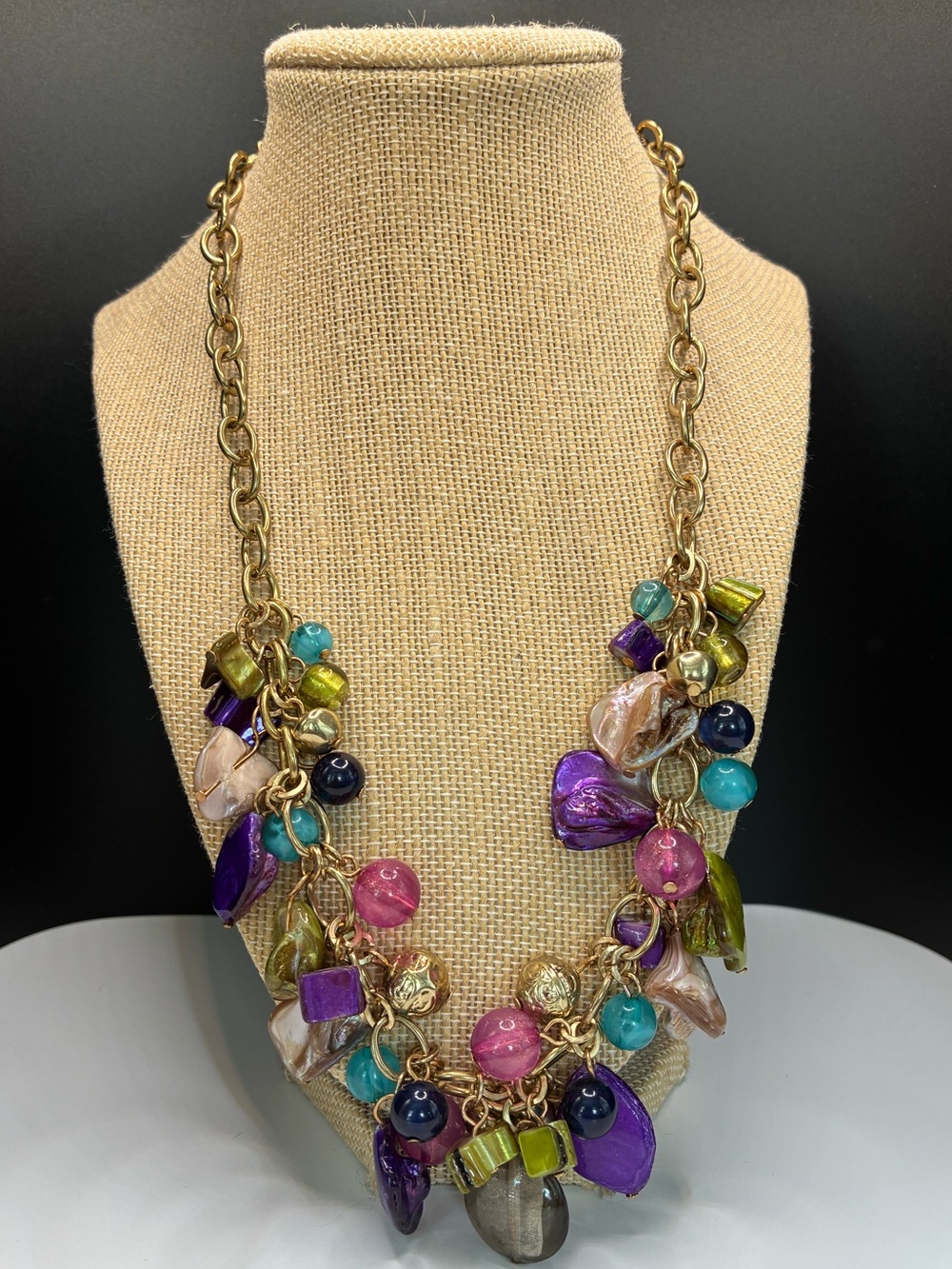 Vintage Carol Dauplaise Multicolor Statement Beaded Necklace - Gold Chain